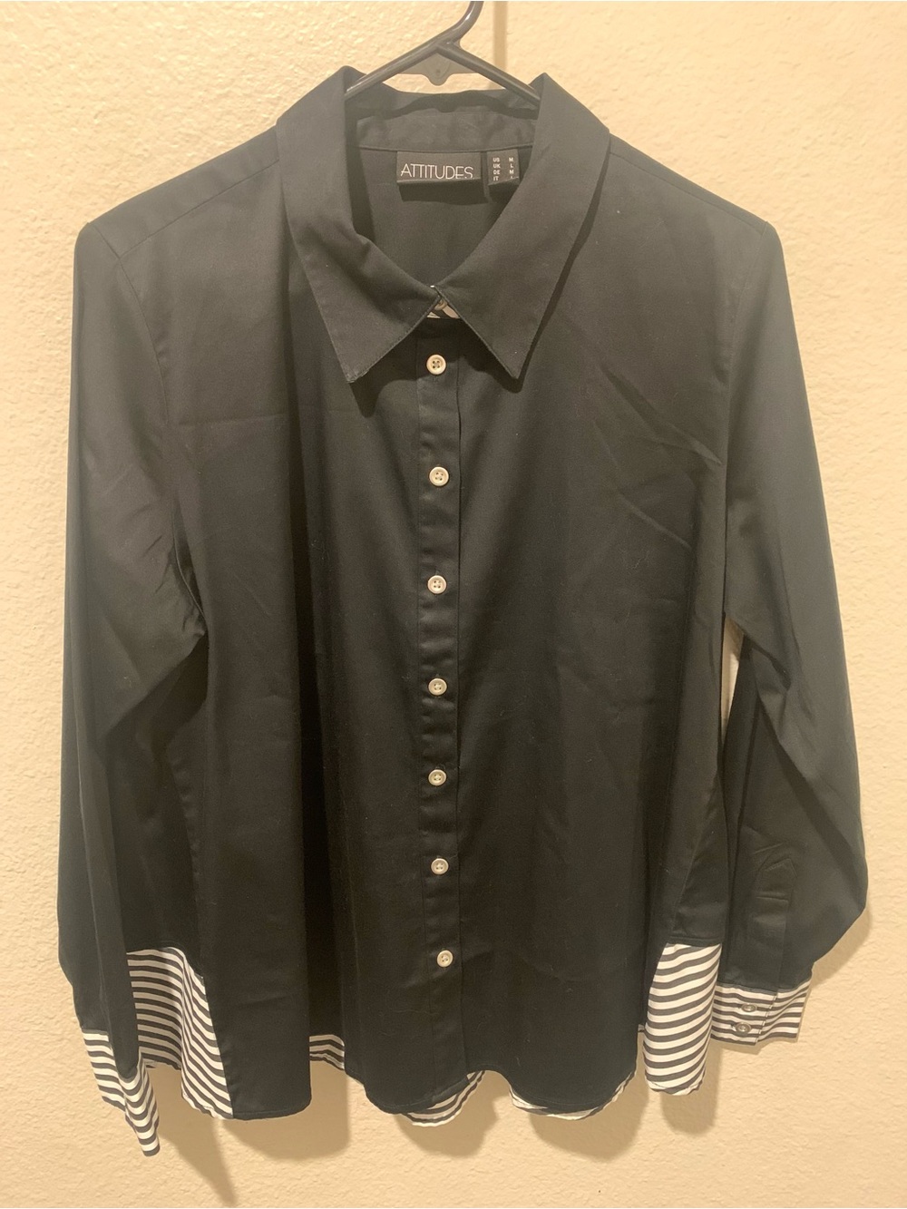 Attitudes by Renee Button-Up blouse with Striped White and Black Cuff details
